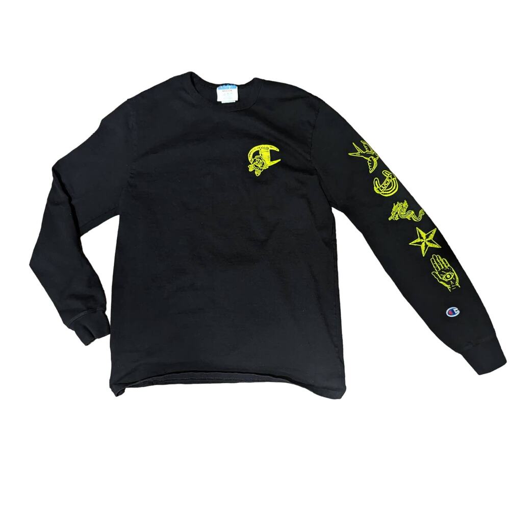 Champion Black/Yellow Script Long Sleeve Tee Size M